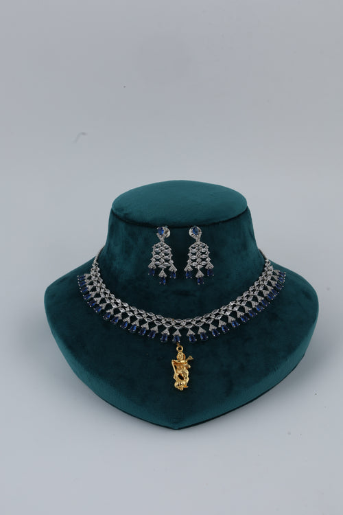 Blue Stone Silver Tone Necklace with Earrings