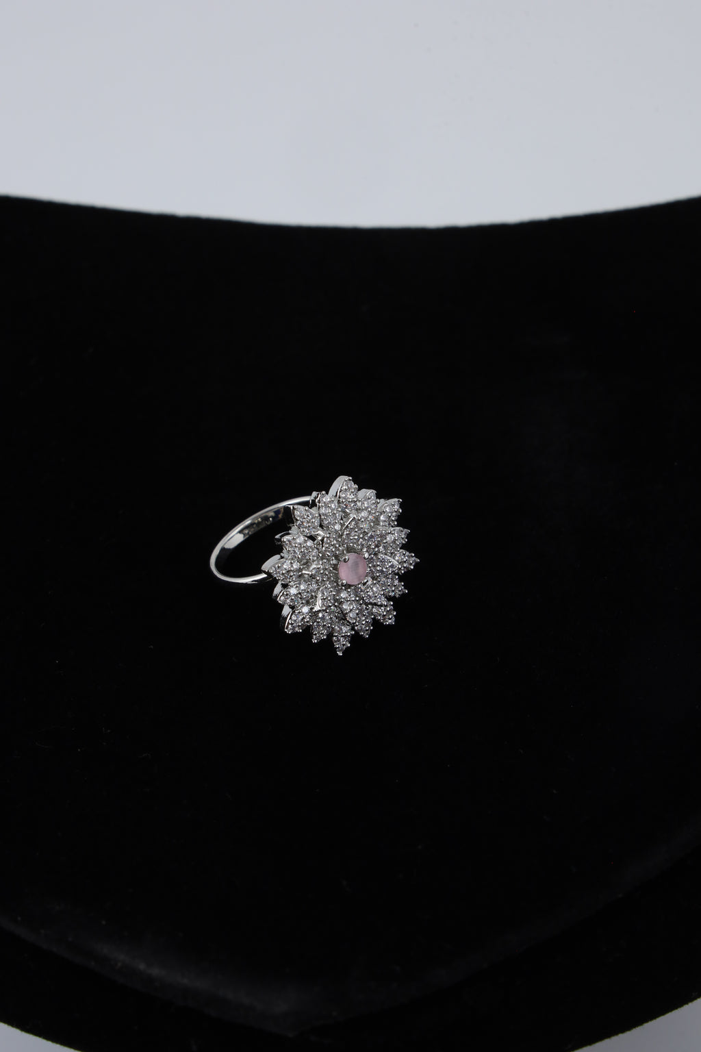 Silver Tone Floral Crystal Cluster Ring
