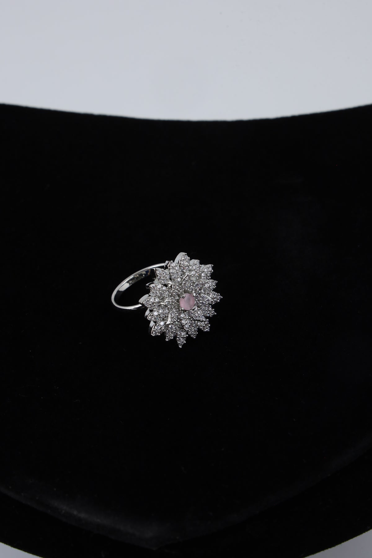 Silver Tone Floral Crystal Cluster Ring