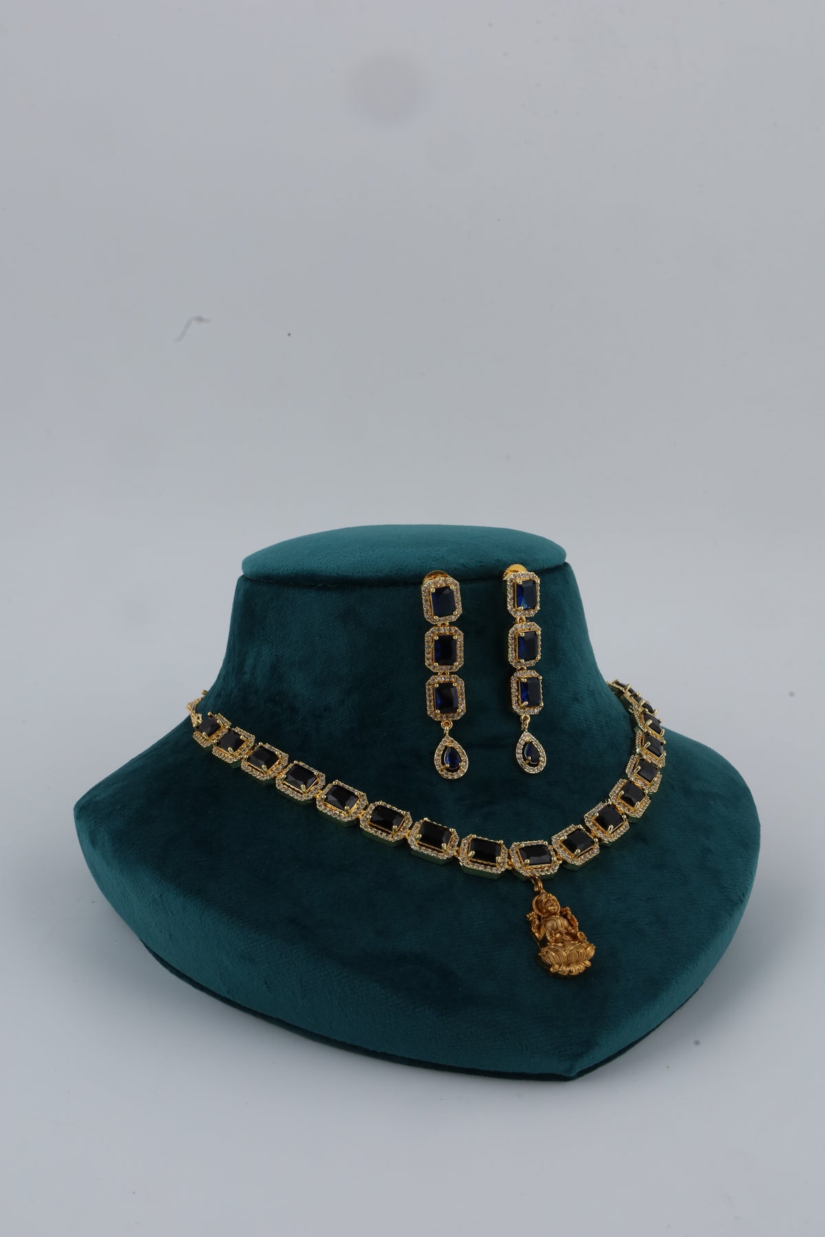 Gold Tone Rectangular Stone Necklace and Earrings