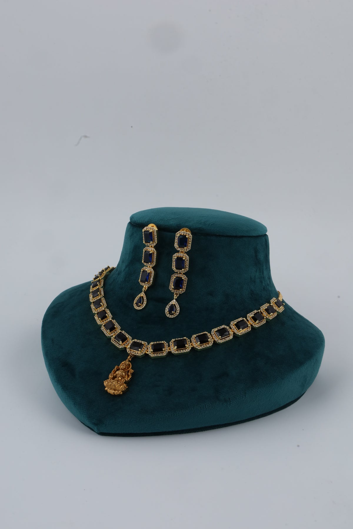Gold Tone Rectangular Stone Necklace and Earrings
