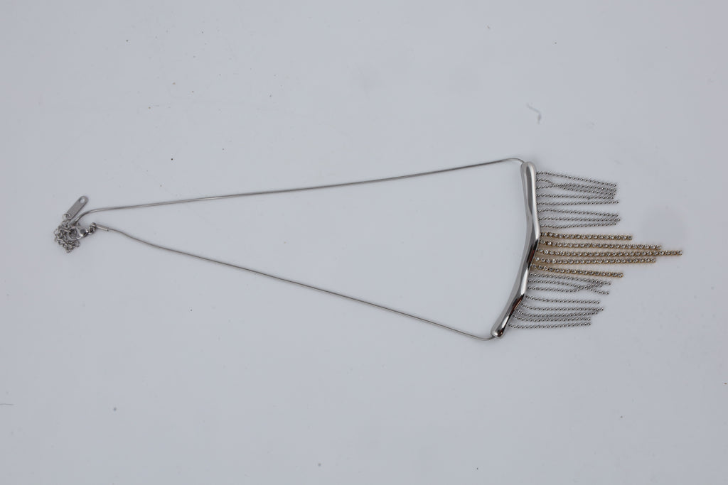 Silver Tone Bar Necklace with Cascading Fringe