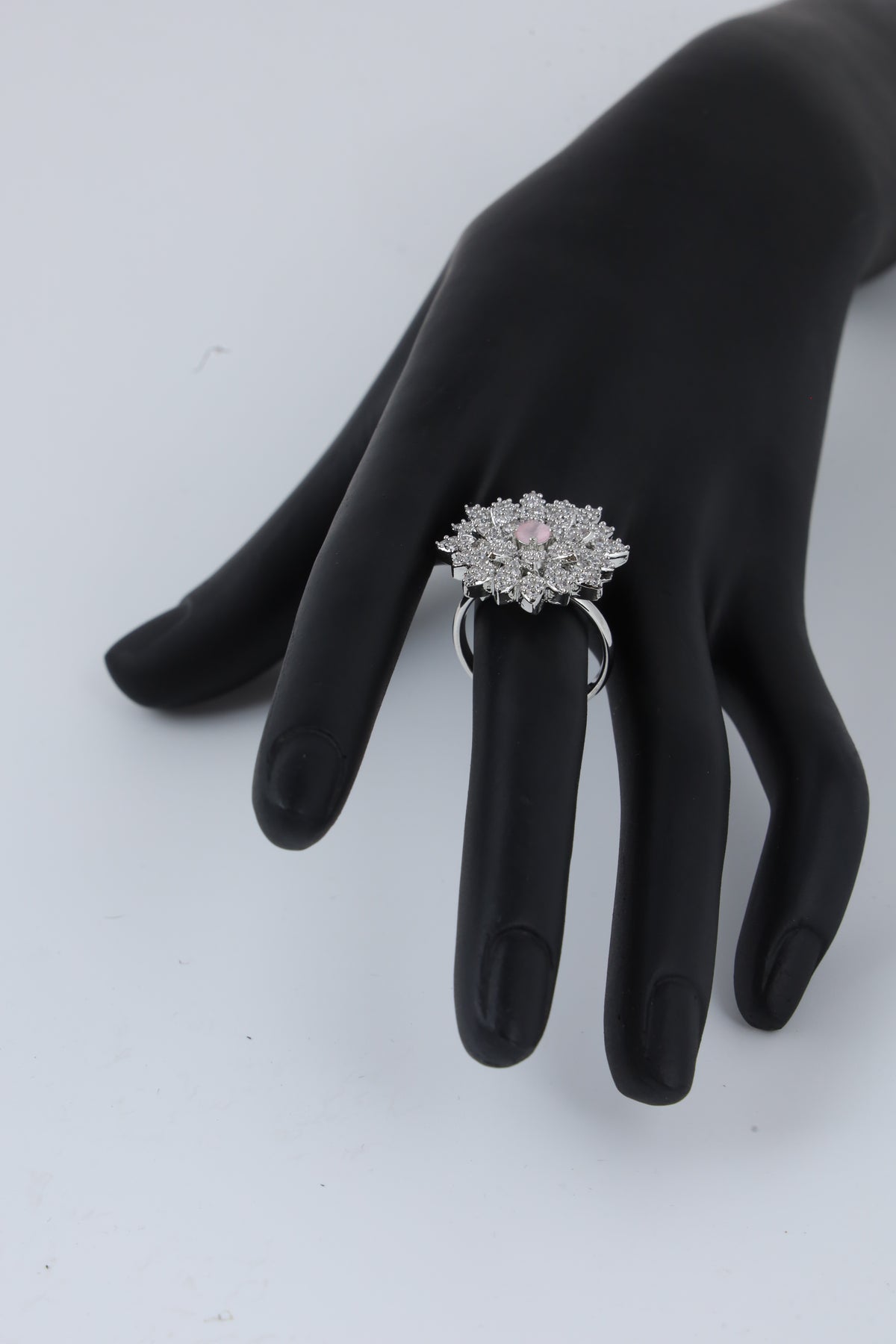 Silver Tone Floral Crystal Cluster Ring