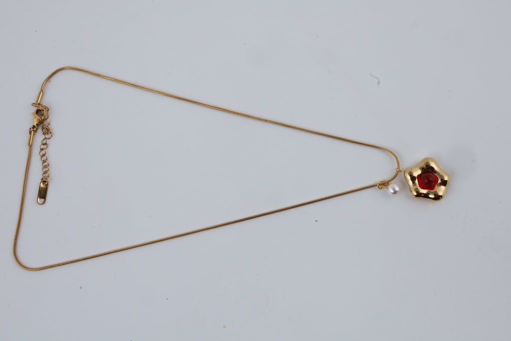 Red Stone Gold Tone Pendant Necklace