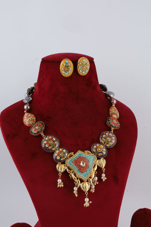 Colourful Enamel Necklace Set with Matching Earrings