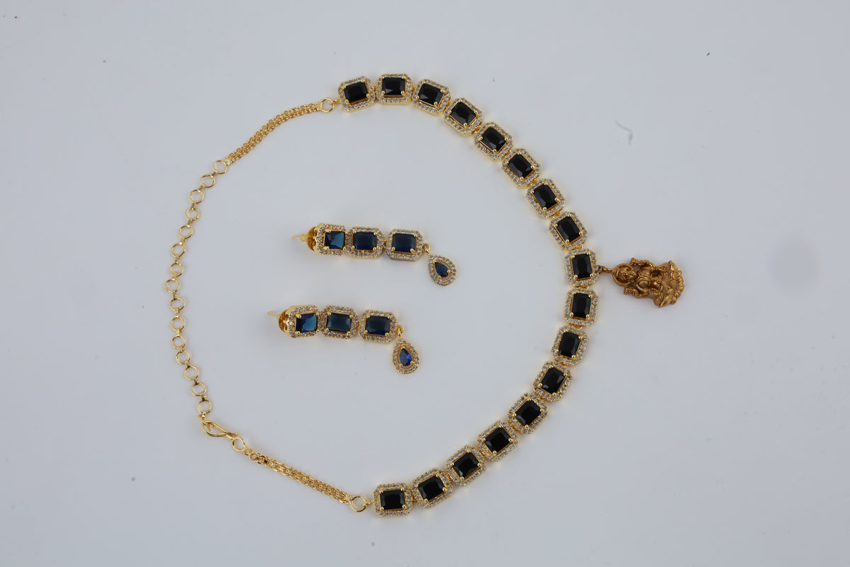 Gold Tone Rectangular Stone Necklace and Earrings