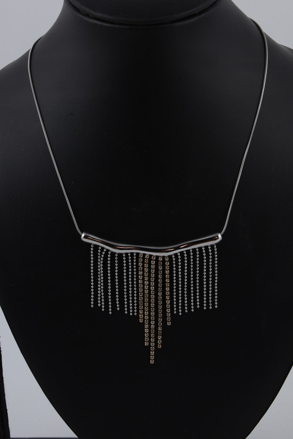 Silver Tone Bar Necklace with Cascading Fringe