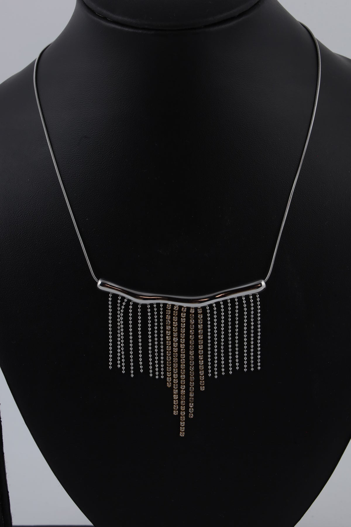 Silver Tone Bar Necklace with Cascading Fringe