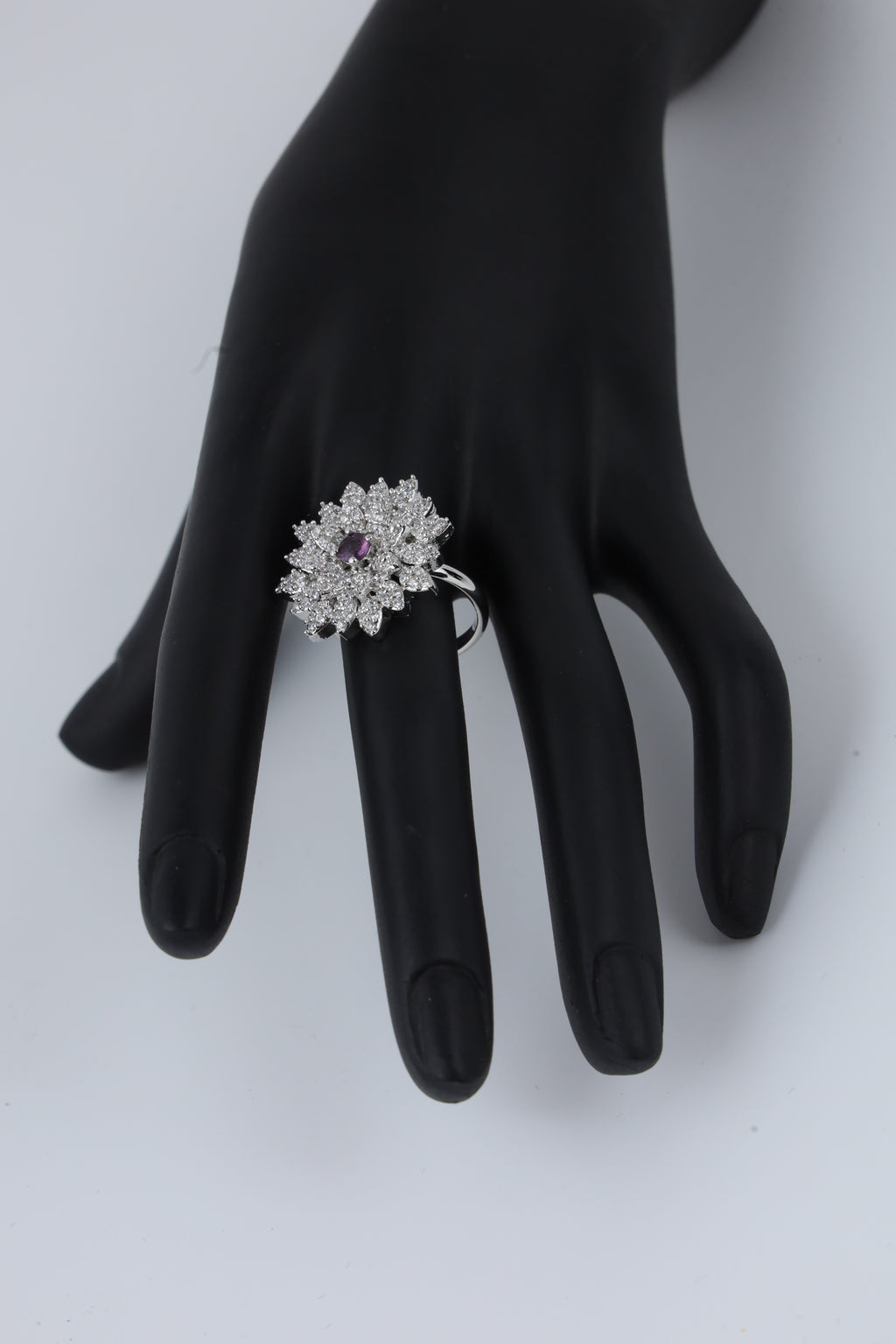 Silver Tone Floral Ring with Purple Centre Stone