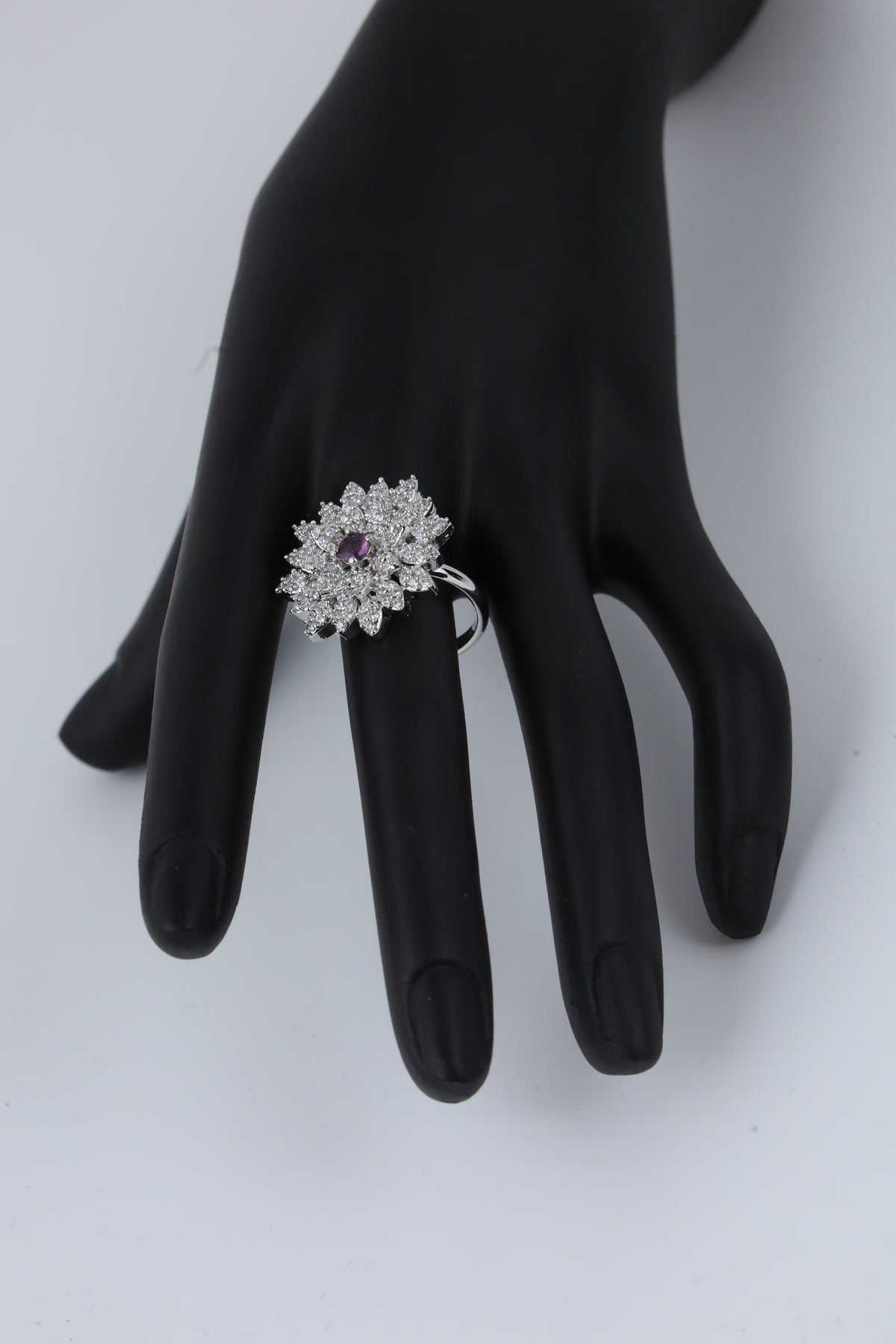 Silver Tone Floral Ring with Purple Centre Stone