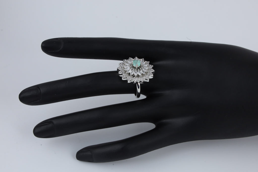 Silver Tone Floral Ring with Green Centre Stone