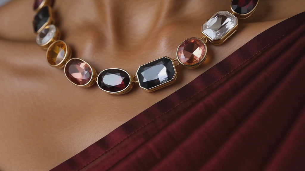 Gold-Tone Multicolour Statement Necklace with Oval & Geometric Stones