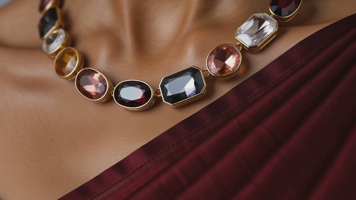 Gold-Tone Multicolour Statement Necklace with Oval & Geometric Stones